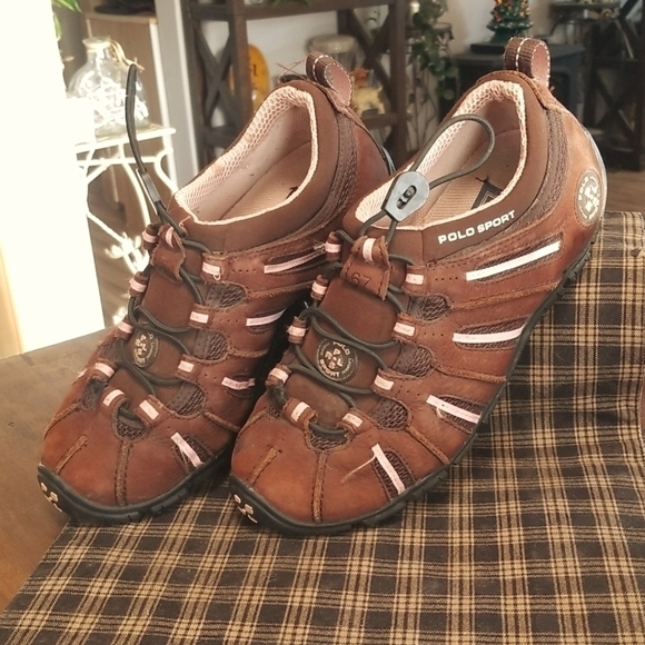 Ralph Lauren Polo Sport Sneakers Brown with Pink Size 7.5 - Picture 1 of 10